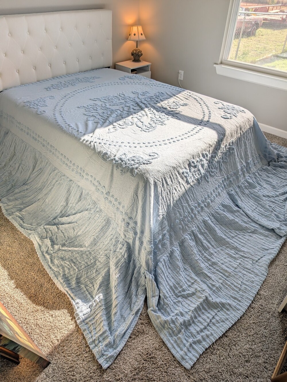 Mary Jane Farm Boho Baby Blue Swiss Dot Cotton Bedspread Oversized Size 115"X118